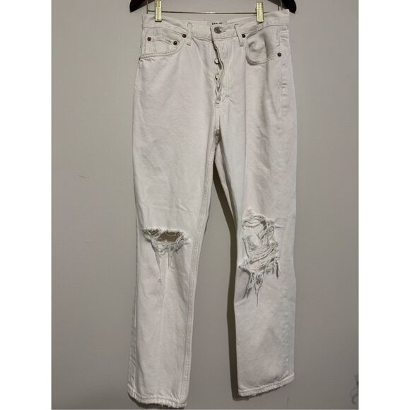 Agolde Button-Fly Riley High Rise Distressed Straight Crop Jeans Sz 28 Off White - Picture 1 of 12